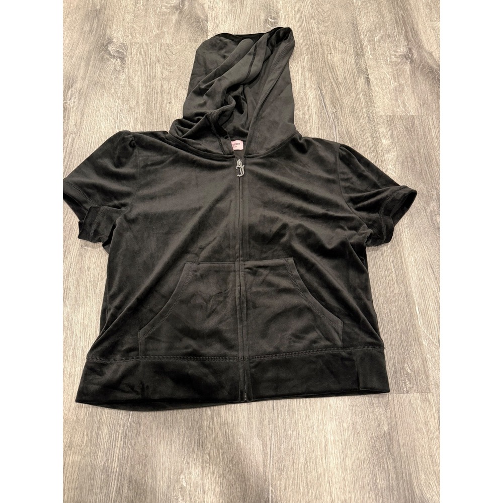Juicy Couture Liquorice Black Velour Short Sleeve Rhinestone Logo Hoodie L NEW - Picture 2 of 8